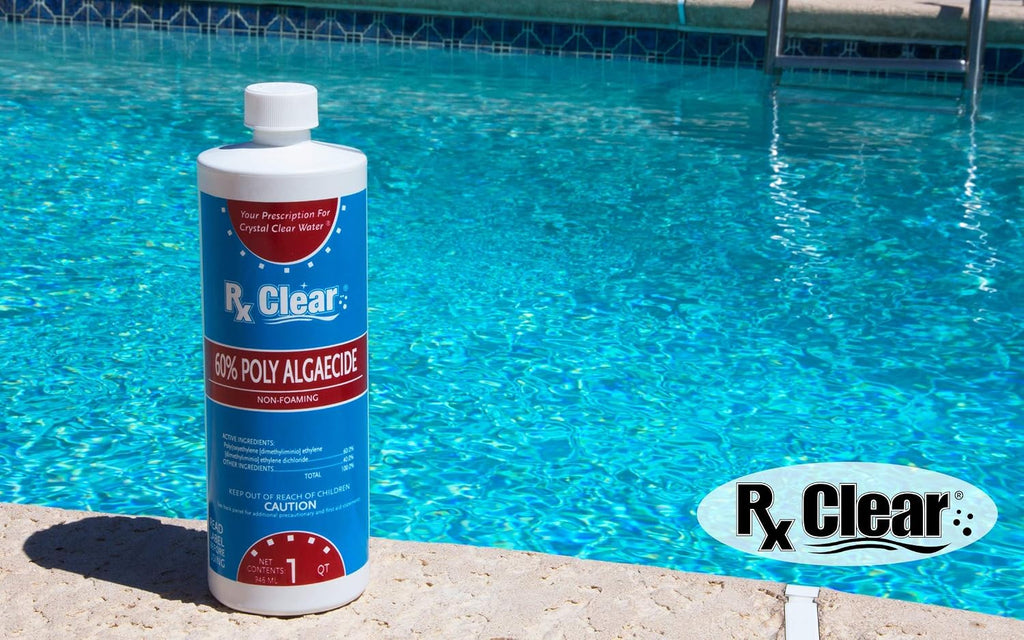 Rx Clear Algaecide 60 Plus | Non-Foaming Formula for Above Or In-Ground Swimming Pools | 60 Percent Poly-Algaecide | Keeping Algae in Suspension | One Quart Bottles | 4 Pack