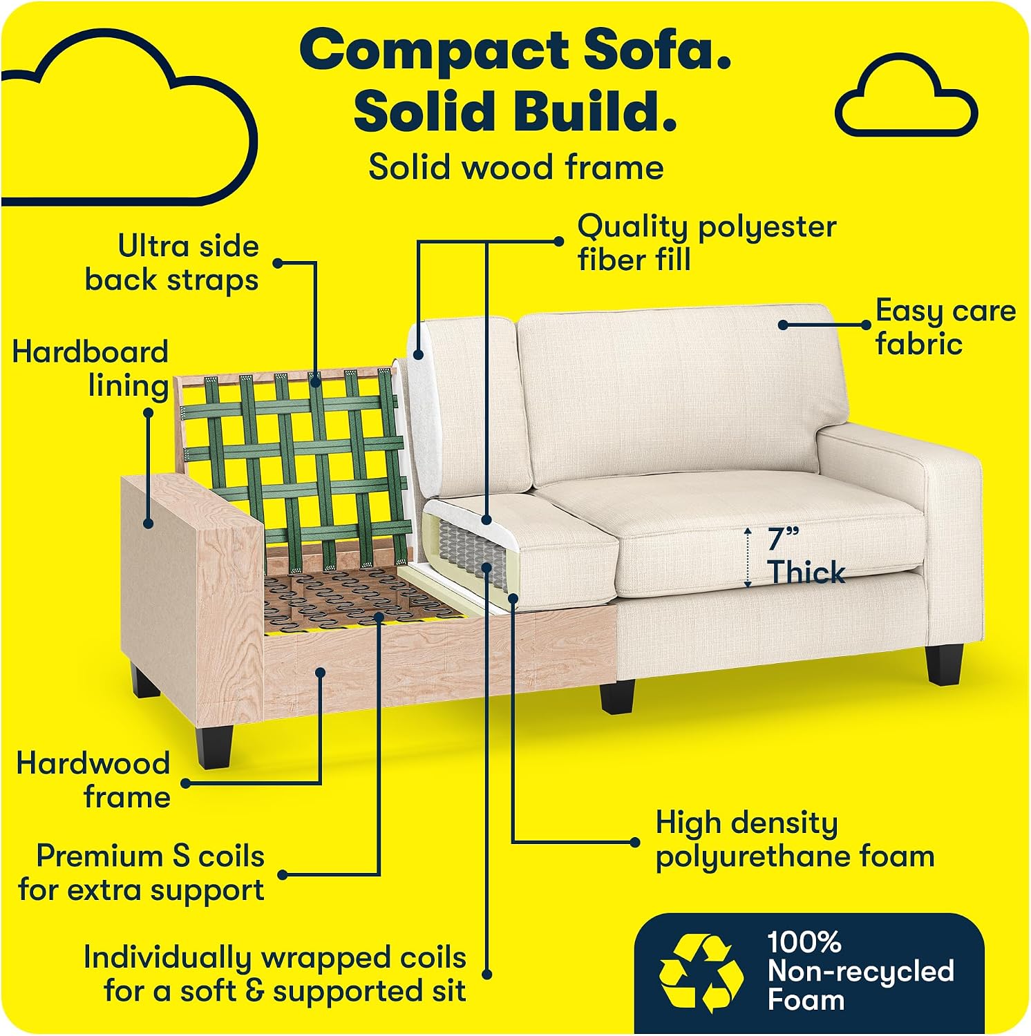 Serta Palisades 78' Track Arm Sofa, Easy Care Polyester, Soft Pillow Back, Pocket Coil Seat Cushions, Removable Covers, Loveseat or Couch for Small Spaces, Living Rooms or Bedrooms, Buckwheat Beige