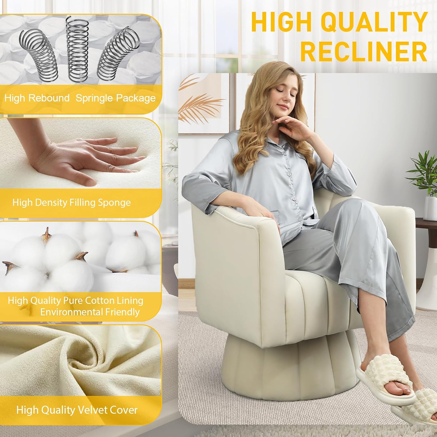 Dewhut Swivel Accent Chair, 360° Swivel Barrel Chair with Armrest, Velvet Upholstered Single Sofa Reading Chair for Living Room,Bedroom,Waiting Room(Beige)