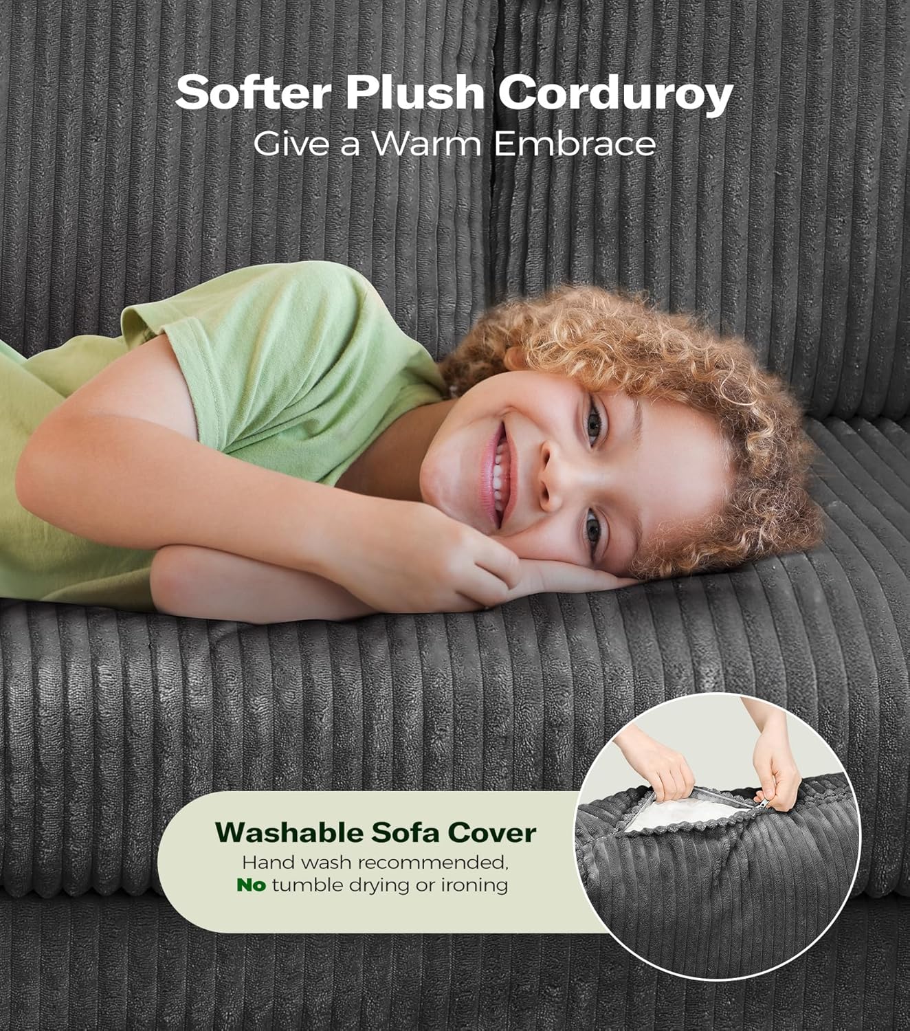 Welzona Corduroy Sofa Couch, 101' Comfy Couches for Living Room, Classic Grey | 24' Extra Deep Seat, Tool-Free Sofas, All-Wood Loveseat, 2 Pillows Included, 850lbs Load-bearing