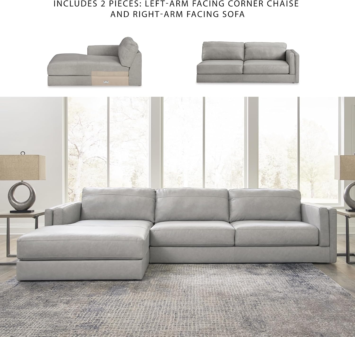 Signature Design by Ashley Amiata Modern L-Shaped Left-Arm Facing Leather Match 2-Piece Sectional with Chaise, Light Gray