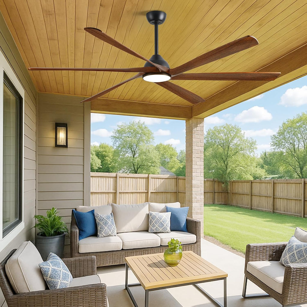 72 Inch Outdoor Ceiling Fan with Light, WiFi Smart Alexa/App/Remote Control, 6 Modern Farmhouse Solid Wood Blades, High CFM Reversible Quiet DC Motor, Damp Rated for Large Patios, Indoor High Ceiling