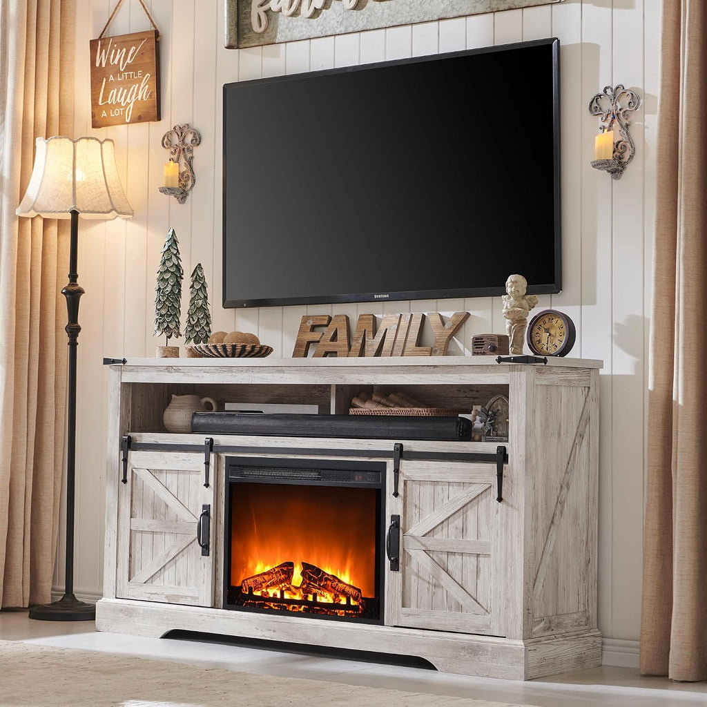 OKD Fireplace TV Stand for 65+ Inch TV, 33' Tall Highboy Farmhouse Entertainment Center w/ 23'' Electric Fireplace, Rustic Media Console w/Sliding Barn Door for Living Room, Antique Brush White
