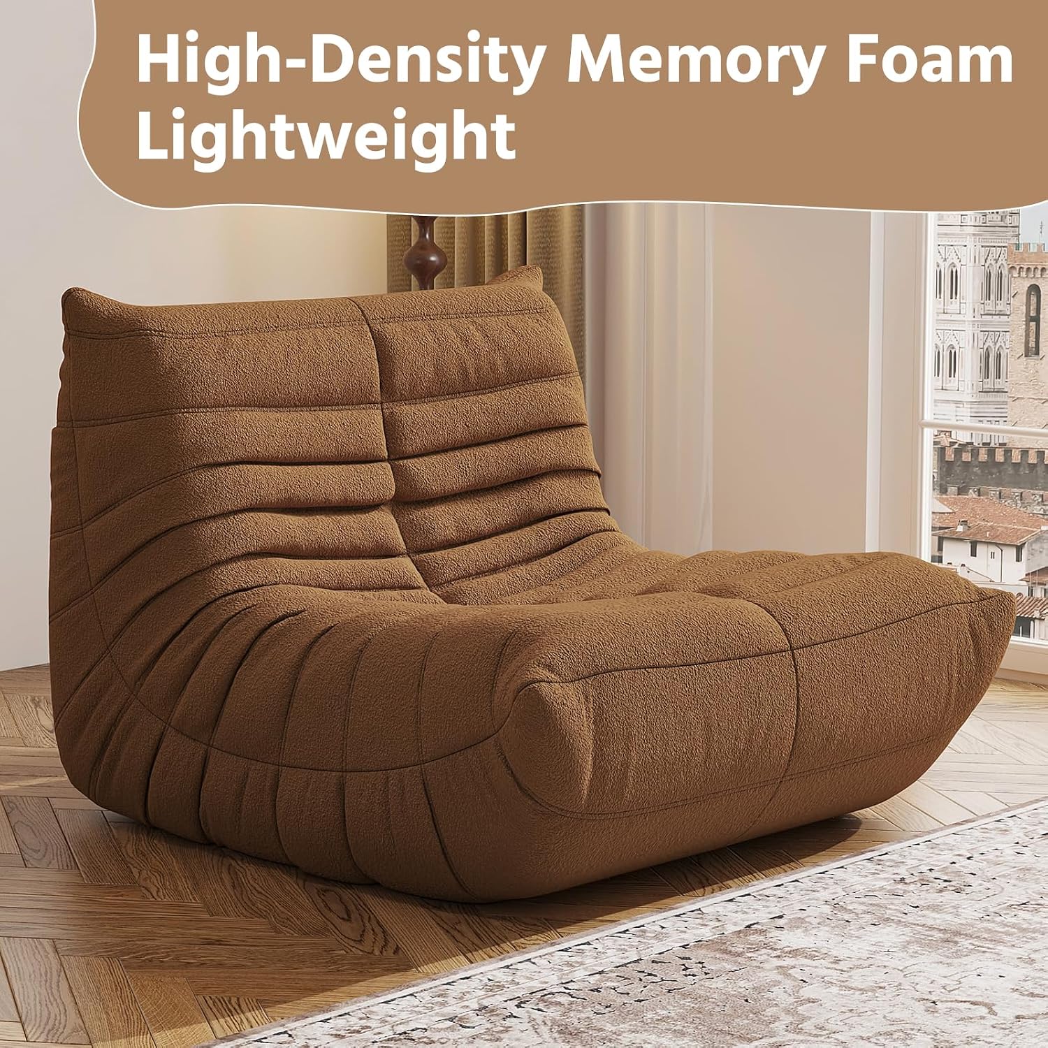 Giant Bean Bag Chair for Adults - Teddy Fleece Fireside Accent Chair with Memory Foam, Comfy Lazy Floor Sofa Couch Boneless Chaise Lounge for Living Room Bedroom Home Theaterr, 1 Seater, Brown