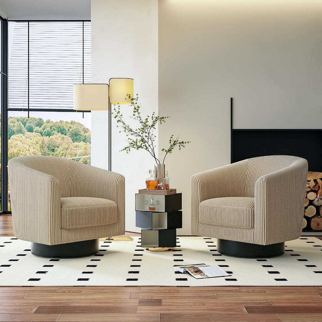 Swivel Accent Chairs, 360 Degree Bucket Chair, Modern Upholstered Barrel Armchair, Comfy Corduroy Single Sofa for Living Room Bedroom, Camel