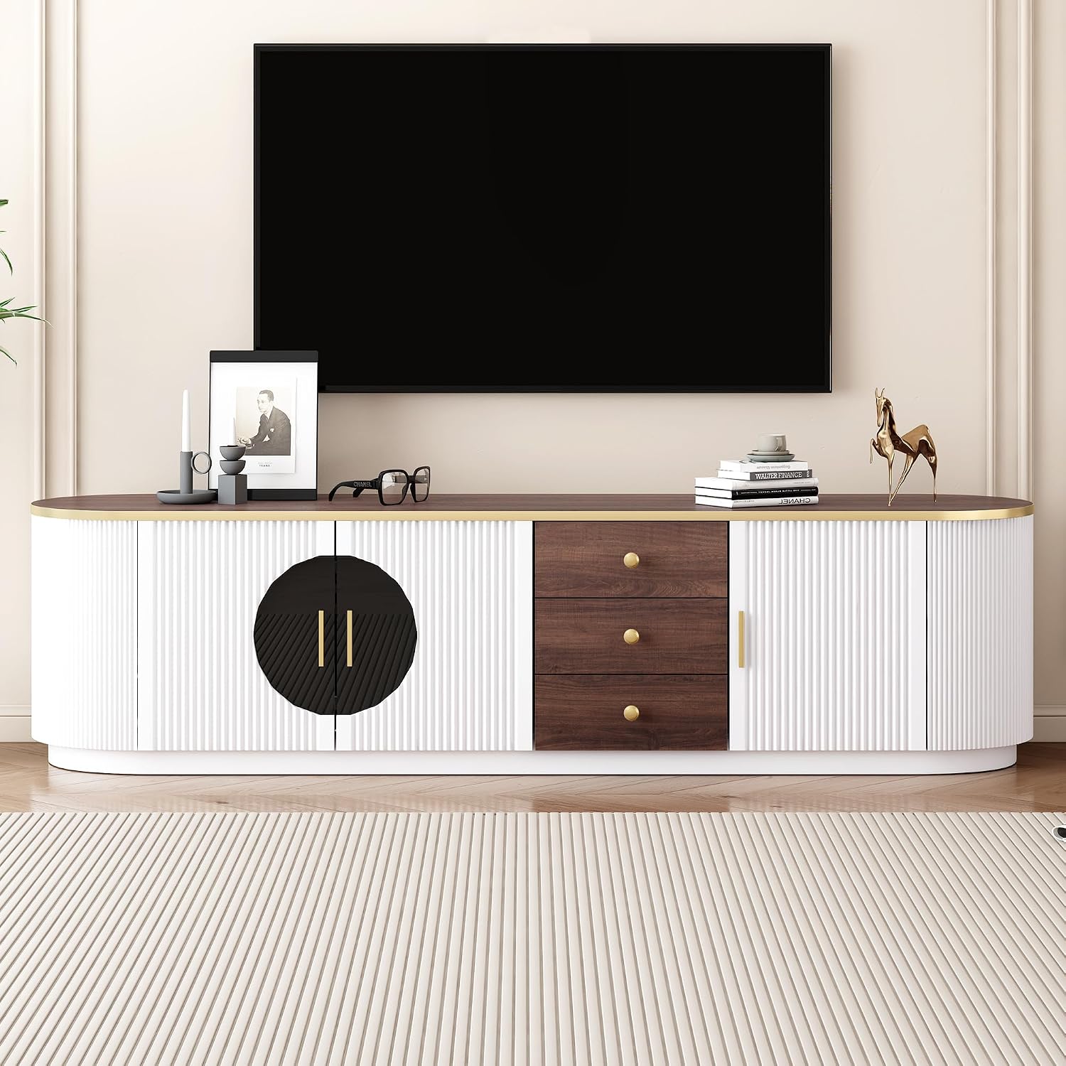 Merax 70.8'' Modern Minimalist TV Stand for TVs up to 80 Inches, Entertainment Center with 3 Drawers and 1 Shelf, Metal Handles and 2 Cabinets for Living Room,White