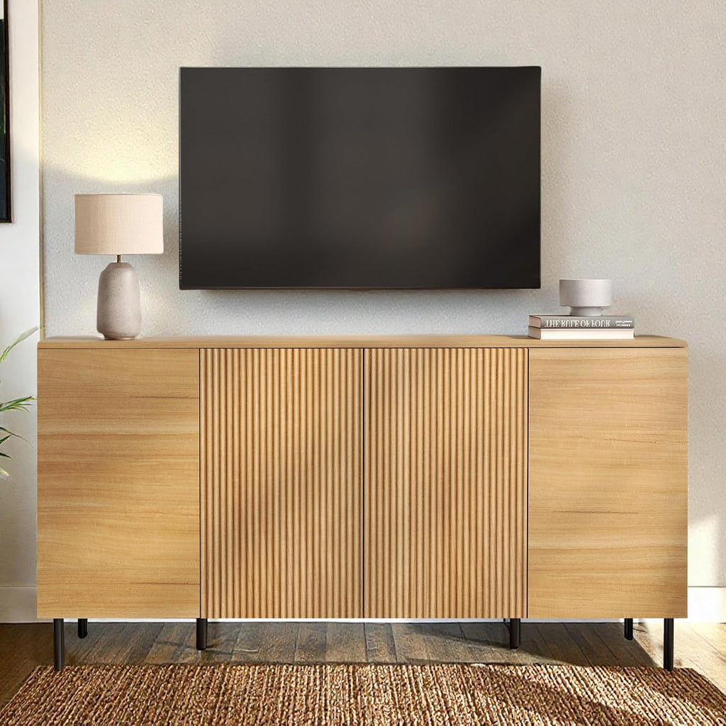 WAMPAT 61.6' TV Stand Cabinets for TVs up to 70 Inches, Entertainment Center with Storage Cabinets and 4 Doors, Mid Century Modern Media TV Console Table for Living Room Bedroom, Oak