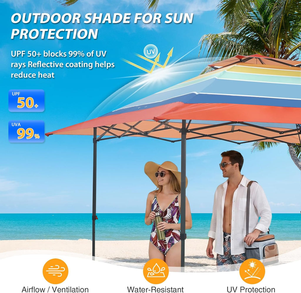 EAGLE PEAK 13x13 Straight Leg Pop Up Canopy Tent Instant Outdoor Canopy Easy Single Person Set up Folding Shelter w/Auto Extending Eaves 169 Square Feet of Shade (Retro Stripe Multi)