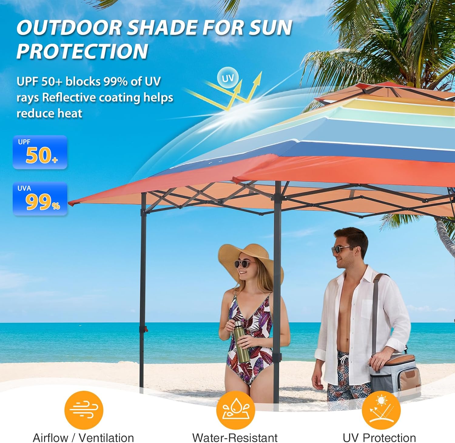 EAGLE PEAK 13x13 Straight Leg Pop Up Canopy Tent Instant Outdoor Canopy Easy Single Person Set up Folding Shelter w/Auto Extending Eaves 169 Square Feet of Shade (Retro Stripe Multi)