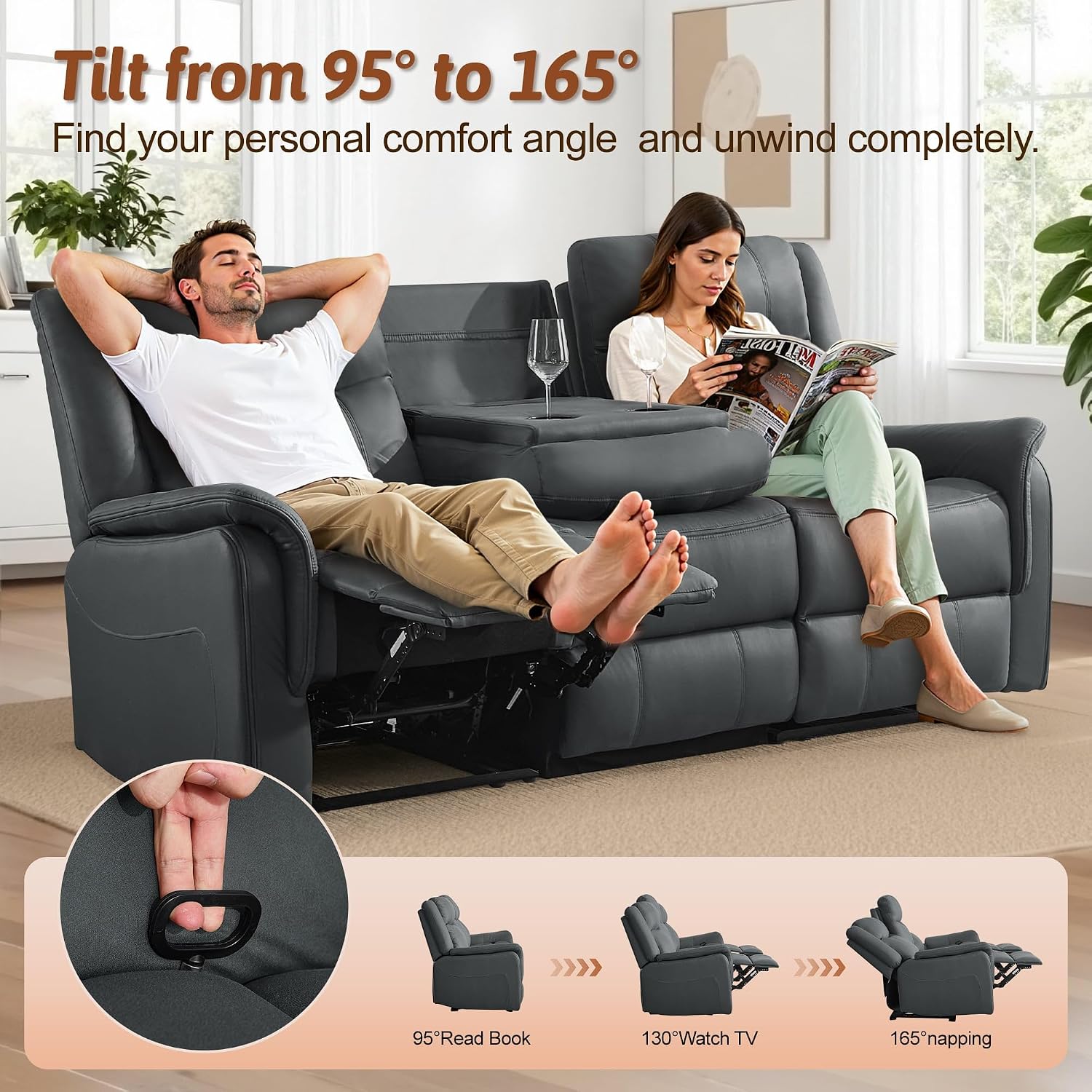 Korser Loveseat Recliner Sofa, Flip Middle Backrest Design 3 Seat Reclining Sofa with Storage Drawer, Performance Fabric Reclining Couch with Storage, USB Port, Manual Couch for Living Room, RVs