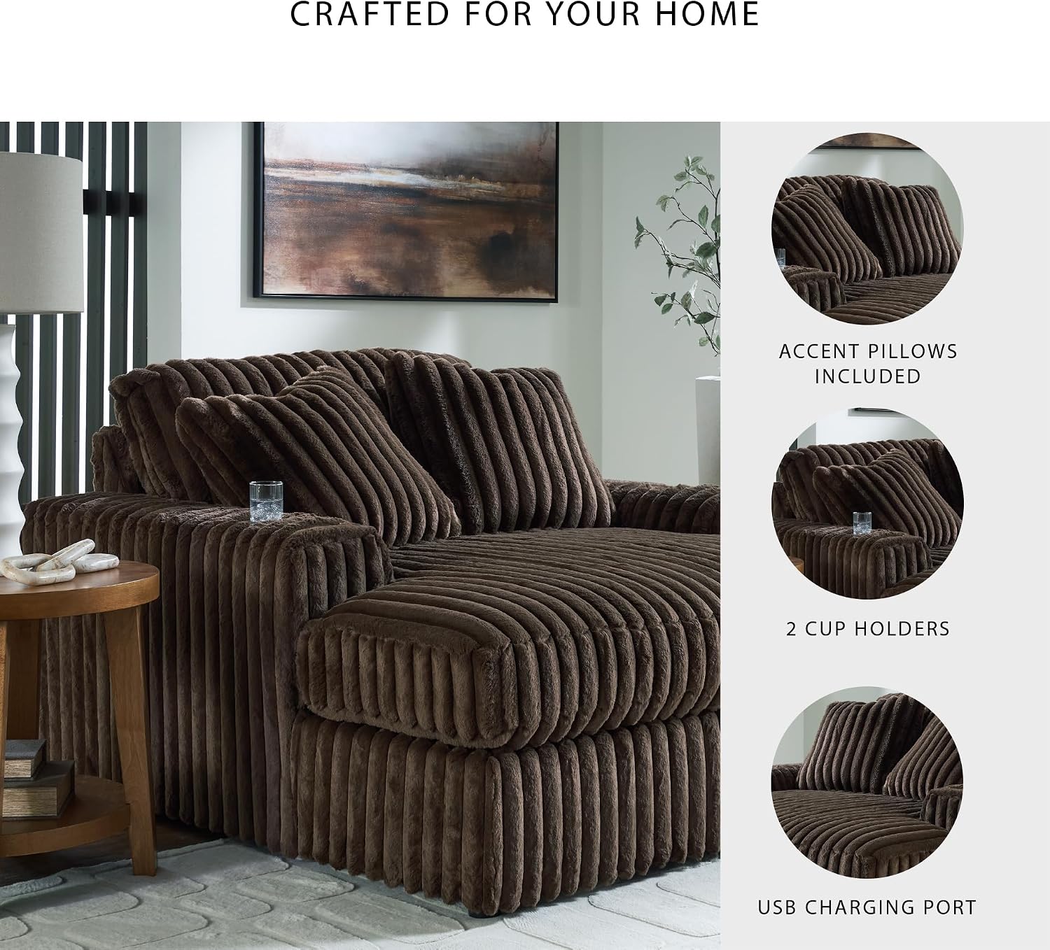 Signature Design by Ashley Midnight-Madness Contemporary Oversized Chaise with Reversible Cushions, USB Ports and Cup Holders, Dark Brown