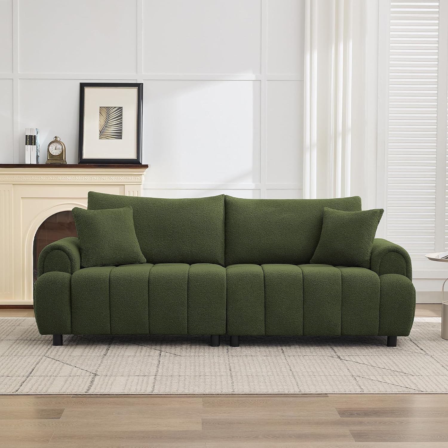 88 'Modern Boucle Sofa Couch, Oversized Comfy 3 Seater Sherpa Curved Sofas Deep Seat, Upholstered Loveseat Teddy Round Arm Couches for Living Room, Bedroom, Green