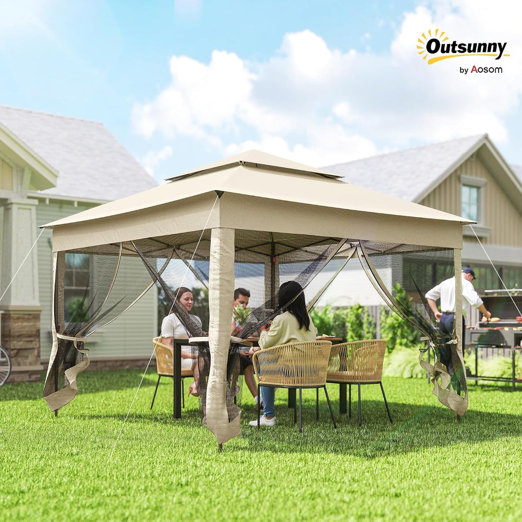 Outsunny 11' x 11' Pop Up Canopy, Outdoor Patio Gazebo Shelter with Removable Zipper Netting, Instant Event Tent w/ 114 Square Feet of Shade and Carry Bag for Backyard, Garden, Beige