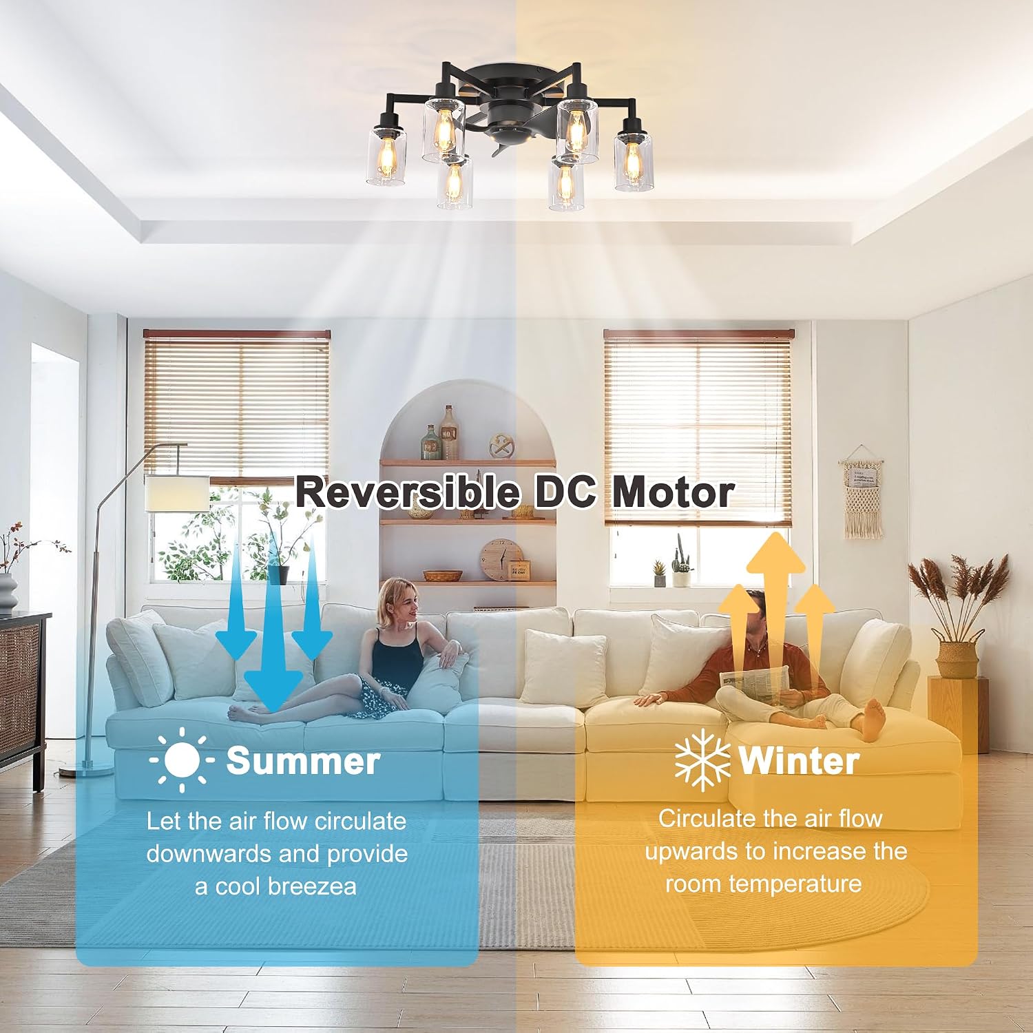 Garwarm 26.4' Ceiling Fans with Lights, Black Flush Mount Ceiling Fan with Lights Remote Control,Low Profile Bladeless Ceiling Fan Light Fixture for Bedroom, Kitchen, Dining Room