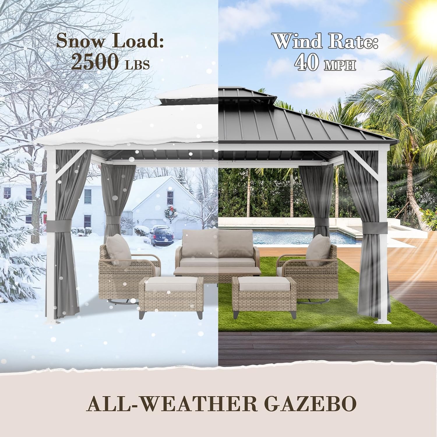EAGLE PEAK 12x14 Hardtop Gazebo, Galvanized Steel Double Roof with Aluminum Frame, Outdoor Pavilion with Netting and Curtains for Patio, Deck, Lawn and Garden, White/Gray