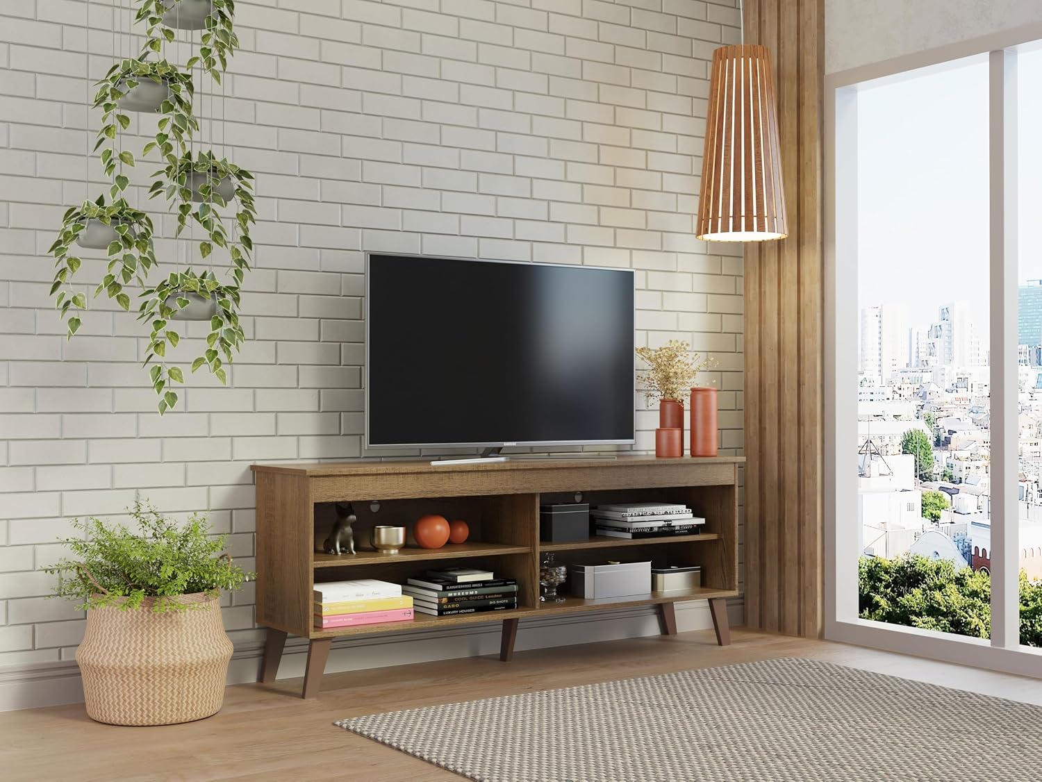 Madesa TV Stand Unit with 4 Shelves and Cable Management for 55, 65 Inch Media 1 Storage Gaming Media Console Living Room and Bedroom Entertainment Center Modern Wooden Television Cabinet - Rustic
