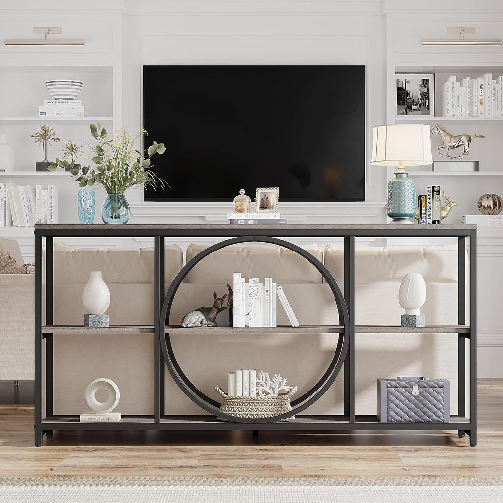 Tribesigns 70.9 inch Sofa Console Table, Extra Long Narrow Entryway Tables with 3 Tier Wood Storage Shelves Metal Frame for Foyer Hallway Living Room Behind Couch, Black Rustic Gray