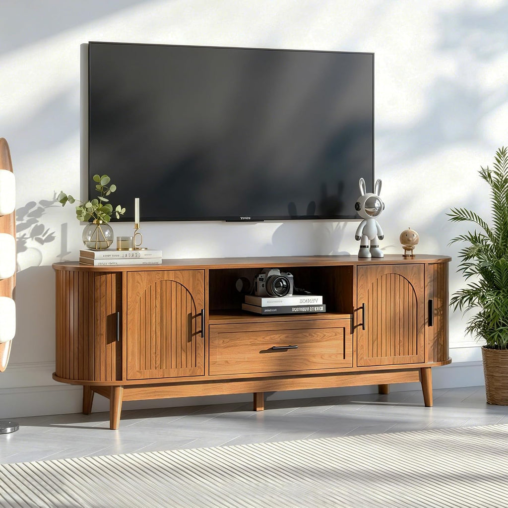 Mxtxmy 63' Fluted TV Stand for Tvs up to 70', Mid-Century Modern Entertainment Center with Drawers and Fluted Doors, Curved TV Media Console Table with Sliding Doors for Living Room, Bedroom (63')