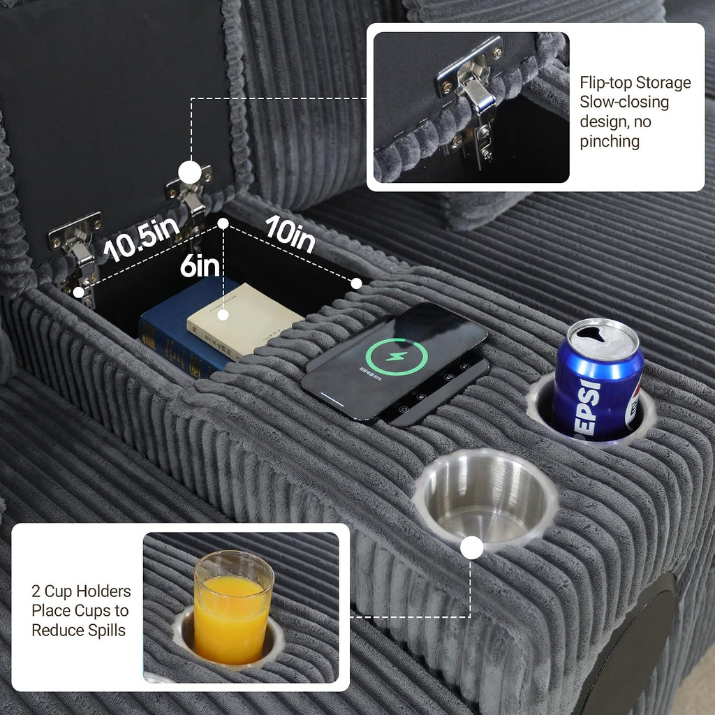 MAKIAAP 114' Corduroy Sectional Modular Couch with Speakers, L Shaped Couches Comfy Deep Sofa with Console, USB Charger, Cup Holders, Storage, Ottoman for Living Room (Gray, 114in)