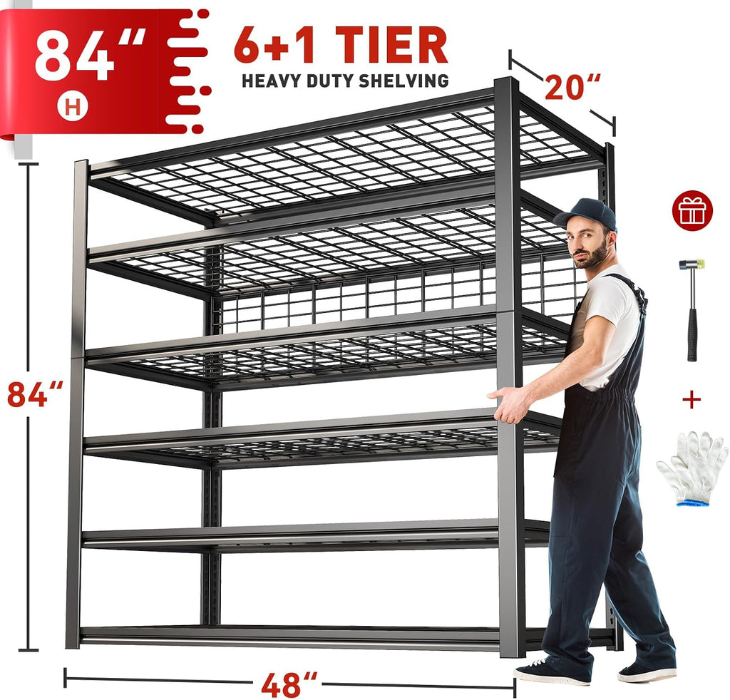 REIBII 84' H Garage Shelving, 6-Tier Storage Shelves Heavy Duty Loads 3500LBS, 48' W Adjustable Garage Shelves, Metal Shelving for Basement, Warehouse, 84' H x 48' W x 20' D