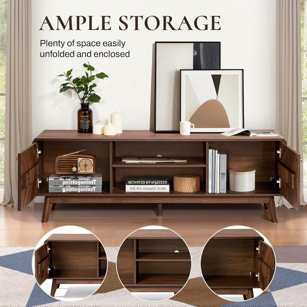 LuxenHome 63' Mid Century Modern TV Stand, TV Stands for Living Room for TVs up to 65', Entertainment Center with Storage, Wood TV Console with Tapered Legs, Television Stands