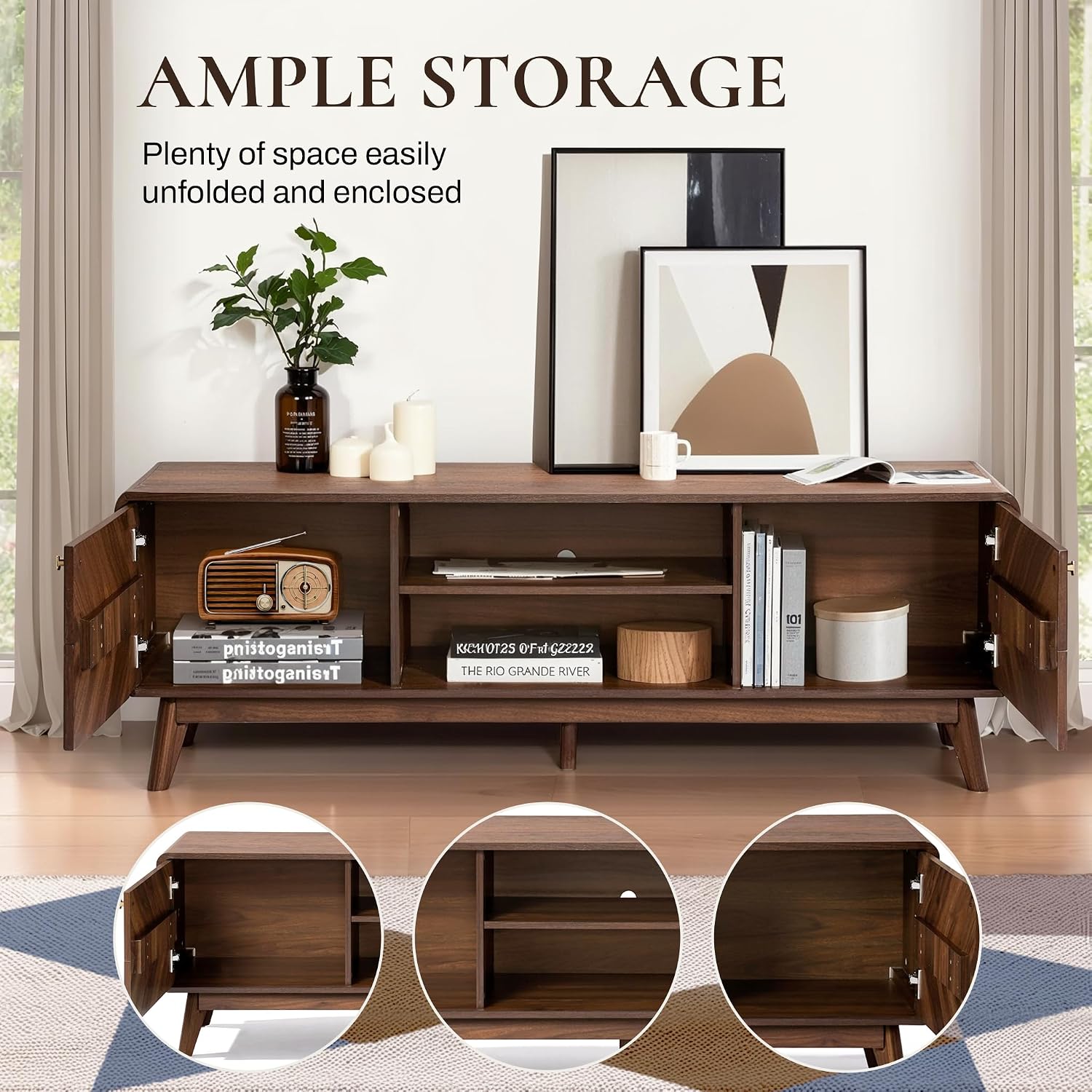 LuxenHome 63' Mid Century Modern TV Stand, TV Stands for Living Room for TVs up to 65', Entertainment Center with Storage, Wood TV Console with Tapered Legs, Television Stands