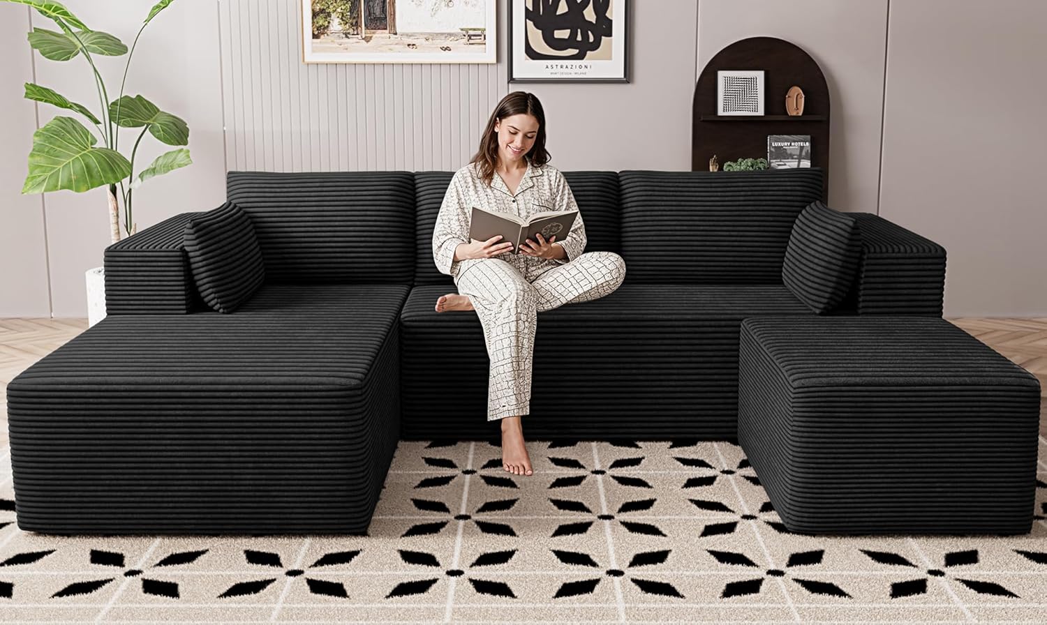 106' Cloud Sectional Boneless Couches for Living Room, Modular U Shaped Couch with Deep Seat, Removable Ottoman, Memory Foam Compressed Spineless 4 Seater Sofa for Bedroom Apartment, Black