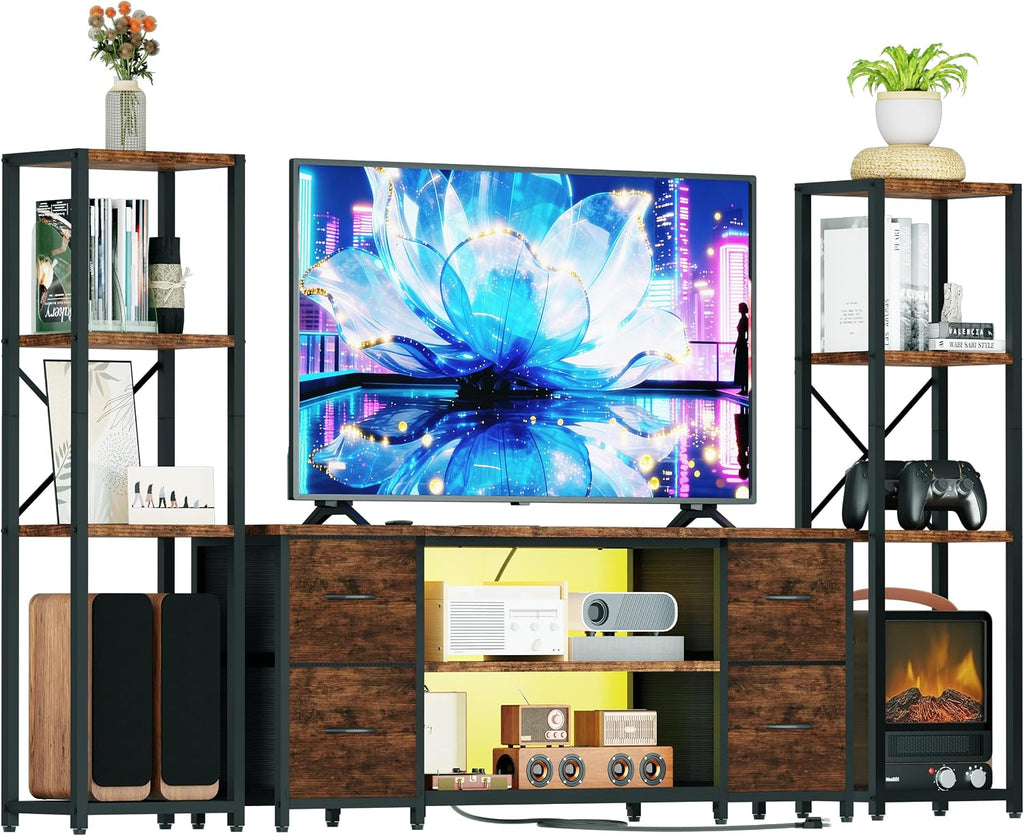 LED TV Stand Bookshelf Combo with Charging Station for 65 60 55 Inch TV, Entertainment Center with Lights & Drawers, Industrial Media TV Console Table for Living Room Bedroom Office, Rustic Brown