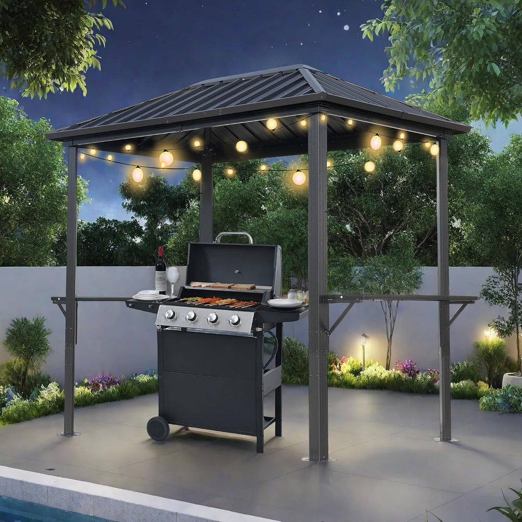 5x8ft Hardtop Grill Gazebo, Outdoor Gazebo for Grill with Sturdy Aluminum Frame & Shelves, Permanent Galvanized Steel Pavilion for Patio, Backyard, Lawn, Garden