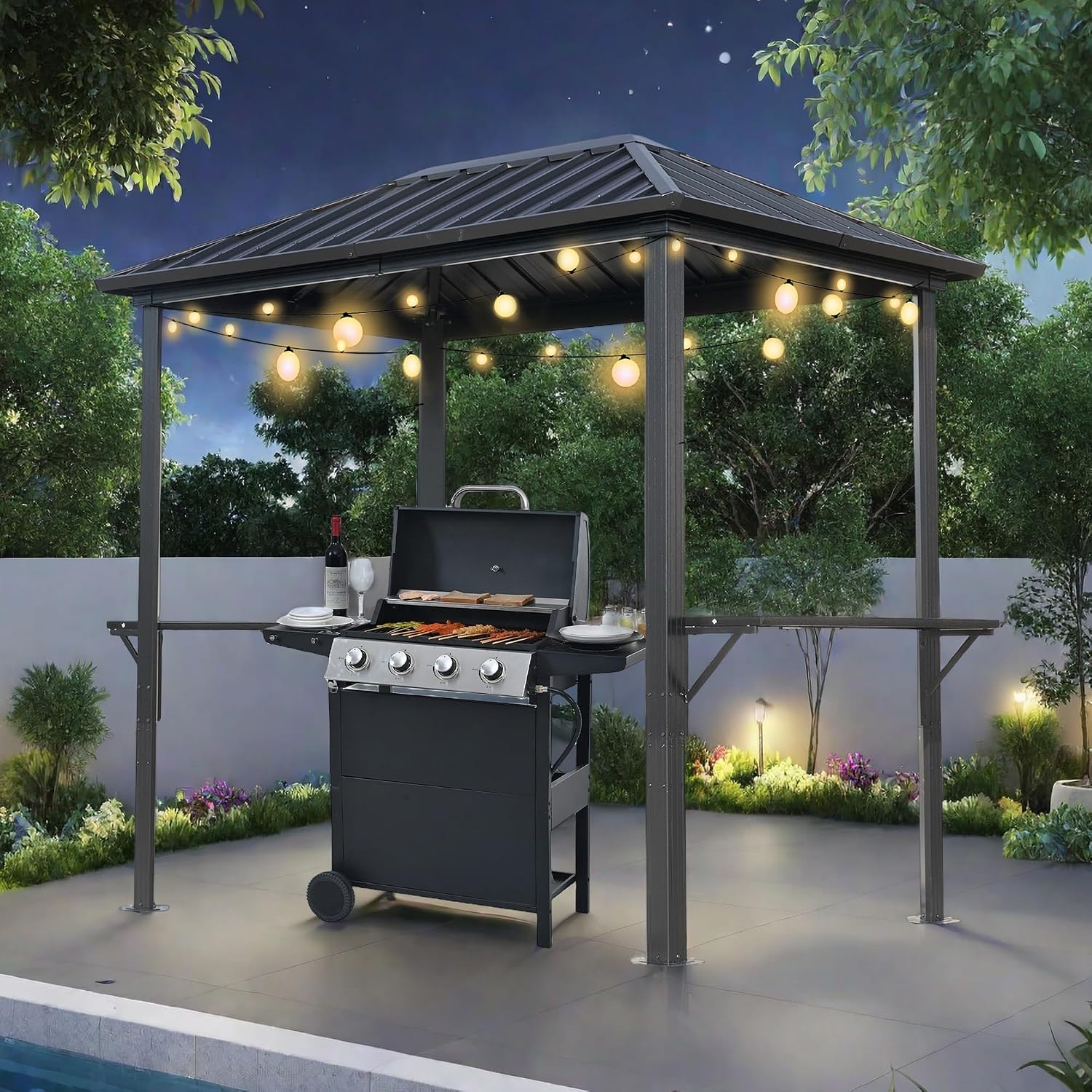 5x8ft Hardtop Grill Gazebo, Outdoor Gazebo for Grill with Sturdy Aluminum Frame & Shelves, Permanent Galvanized Steel Pavilion for Patio, Backyard, Lawn, Garden
