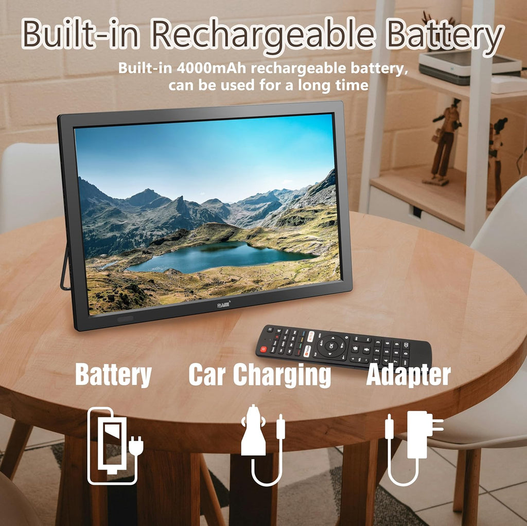 15.6' Small Smart TV,Built-in Digital Tuner,4000mAh Rechargeable Battery TV, HDMI/SD Card/USB/AV Input,LCD Screen with Stand for Car,RV,Camping