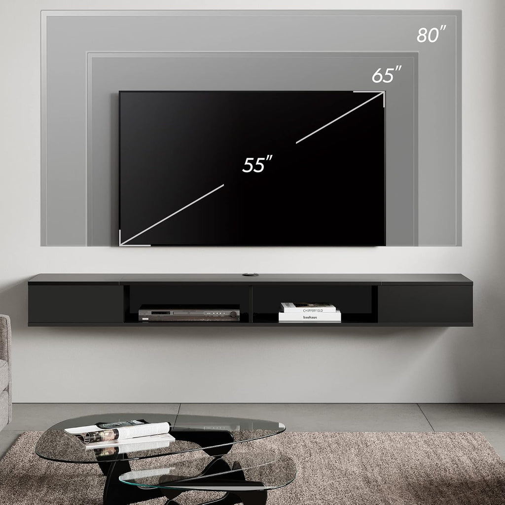 WAMPAT 70 inch Floating TV Shelf for TVs Up to 75 inch, Floating TV Stand with Storage Under TV for Living Room, Entertainment Center for Wall, Black