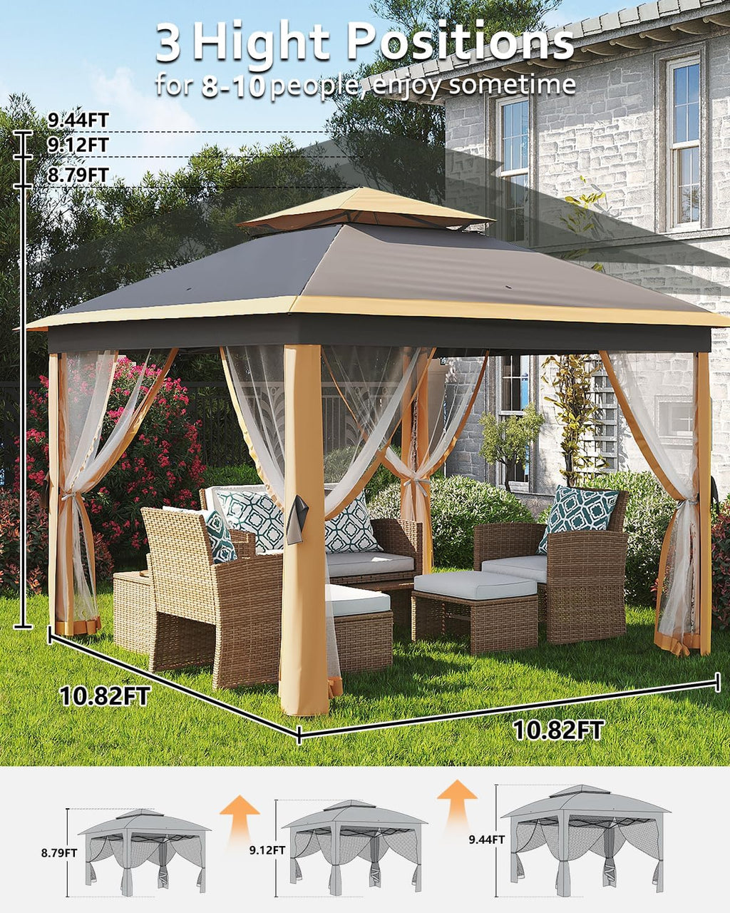 11x11ft Pop Up Gazebo Tent with Mosquito Netting, Outdoor Canopy Shelter Easy Setup, Water & UV Resistant - Khaki