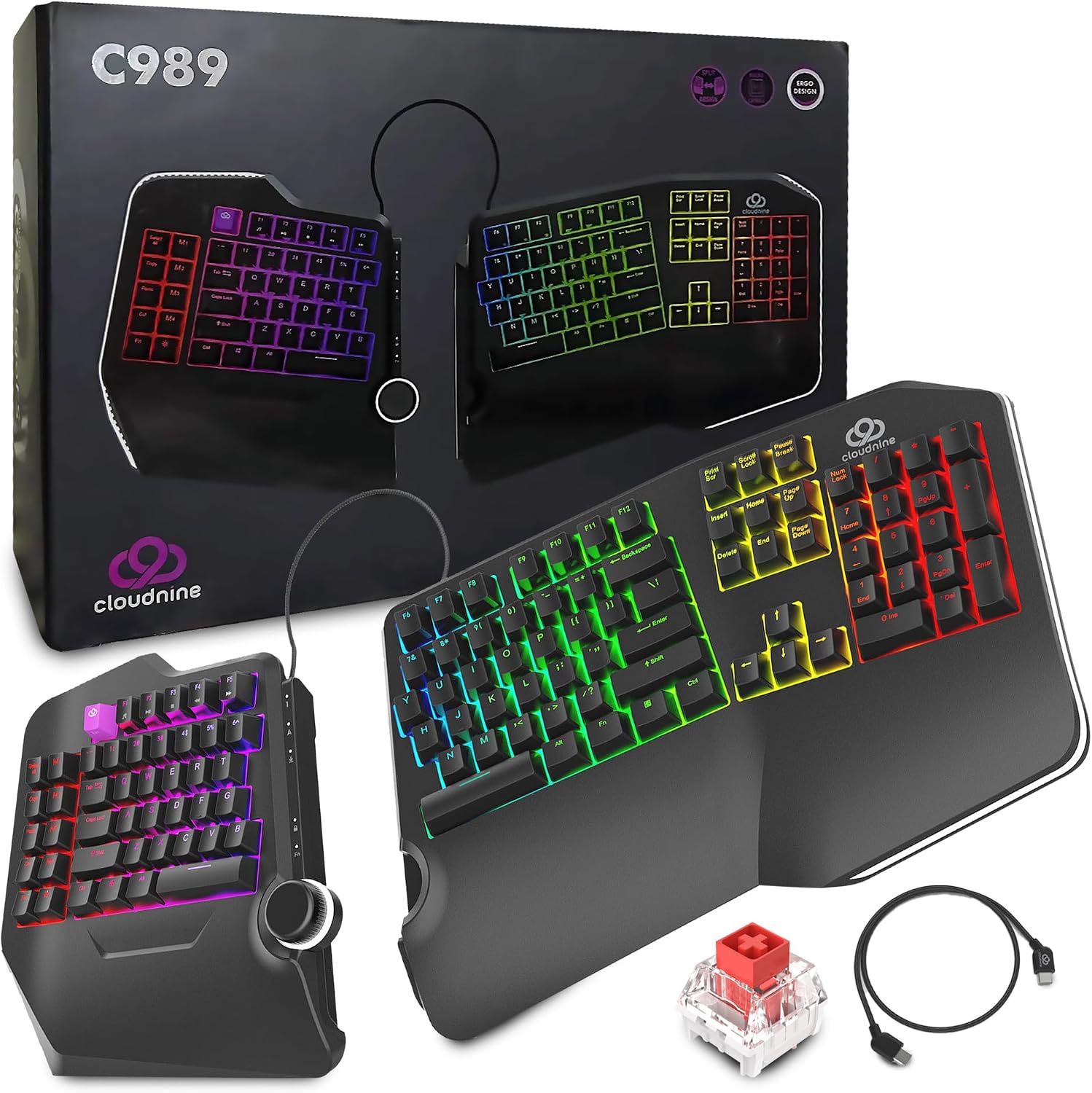 Cloud Nine C989 Ergonomic Mechanical Keyboard for PC - Kailh Linear Red Switches - RGB Light Up LED Backlit with USB - Ergo Split Key Board with Macro