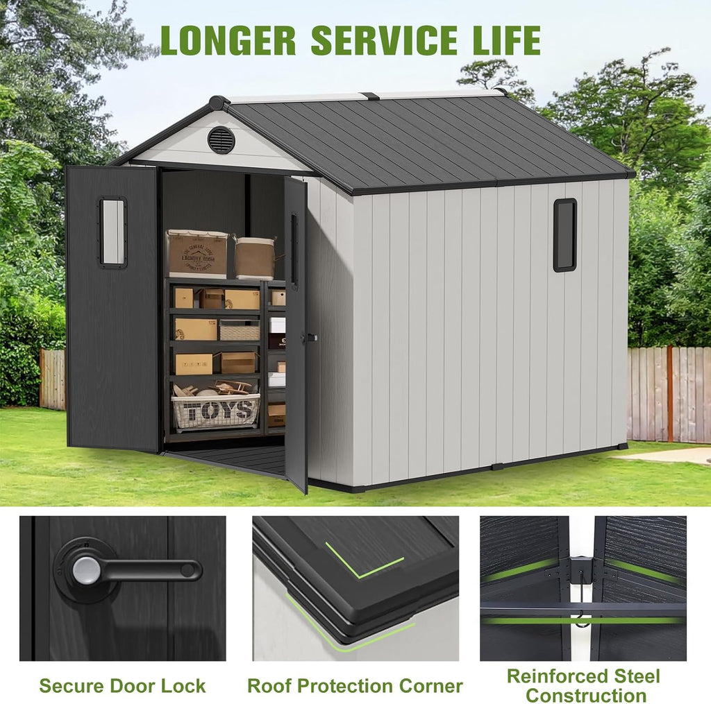 COOS BAY 8x8 Outdoor Storage Shed with Floor, Lockable Doors, All-Weather Resin Garden Tool Shed, White/Gray