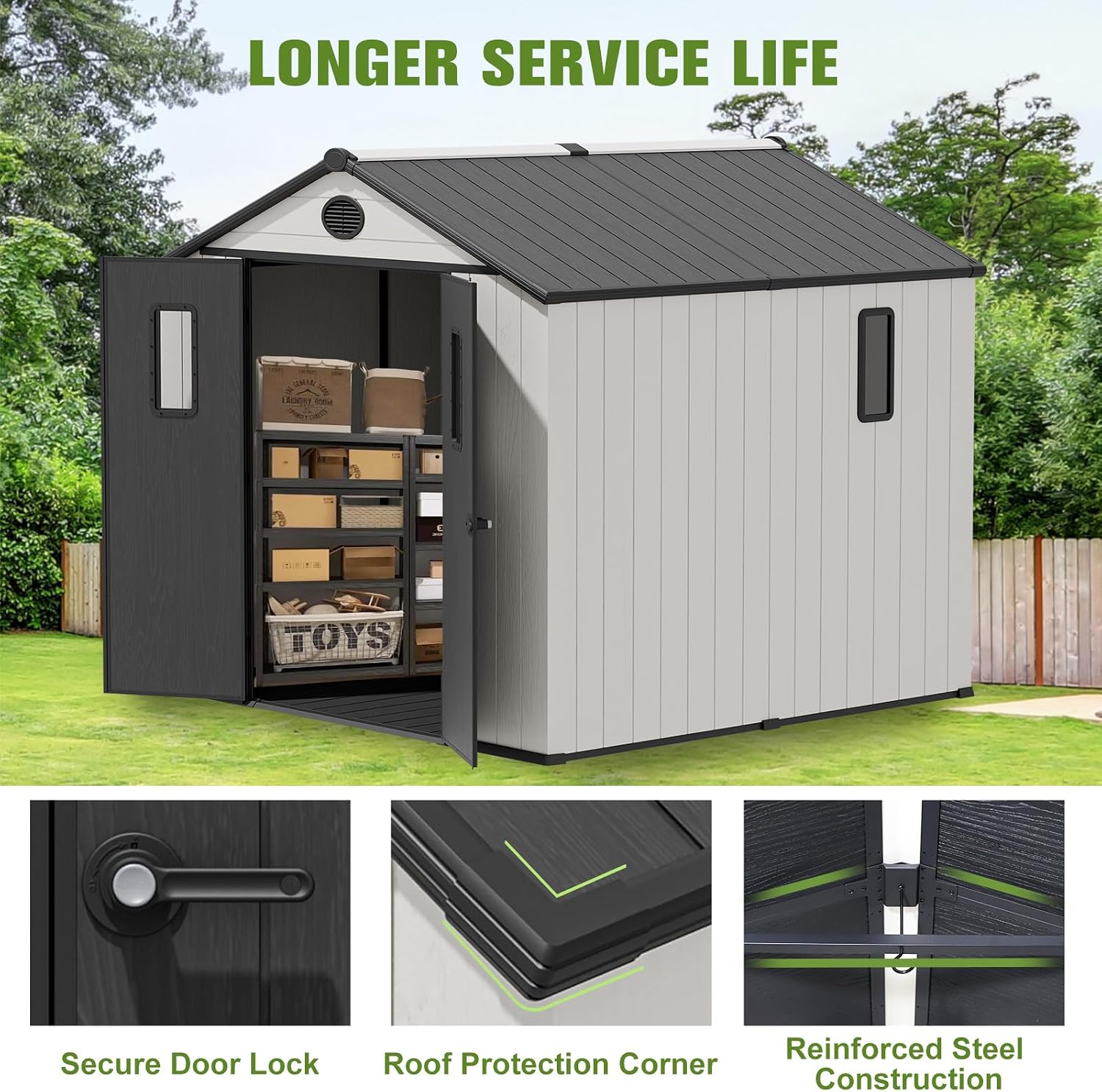 COOS BAY 8x8 Outdoor Storage Shed with Floor, Lockable Doors, All-Weather Resin Garden Tool Shed, White/Gray