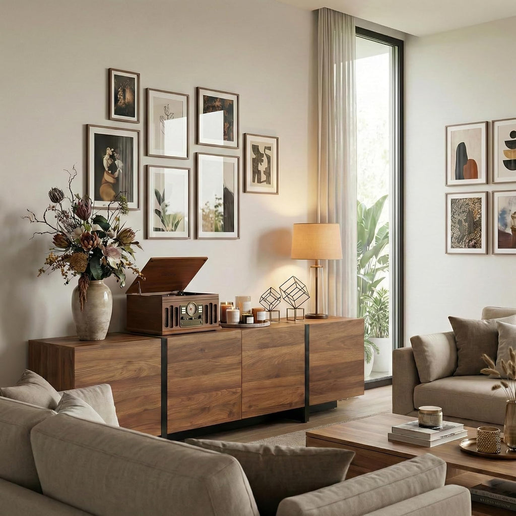 holzart 67 Inch TV Stand for TVs up to 70 Inch, Mid Century Modern Wood Media Console with 4 Storage Doors, Entertainment Center TV Cabinet Sideboard for Living Room Bedroom, Walnut Brown