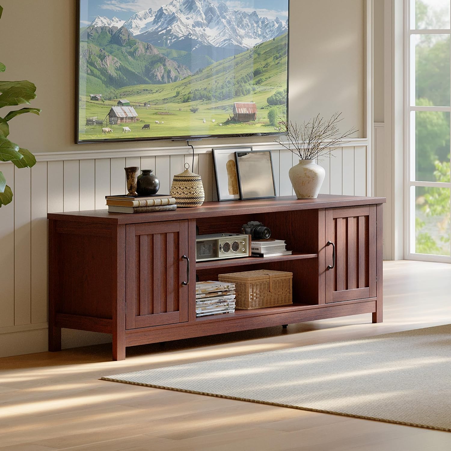 ChooChoo 54' Farmhouse TV Stand for TVs up to 65 inches, Entertainment Center with Storage Cabinets, Open Shelves and Fluted Door, TV Console Table for Living Room, Bedroom, Walnut