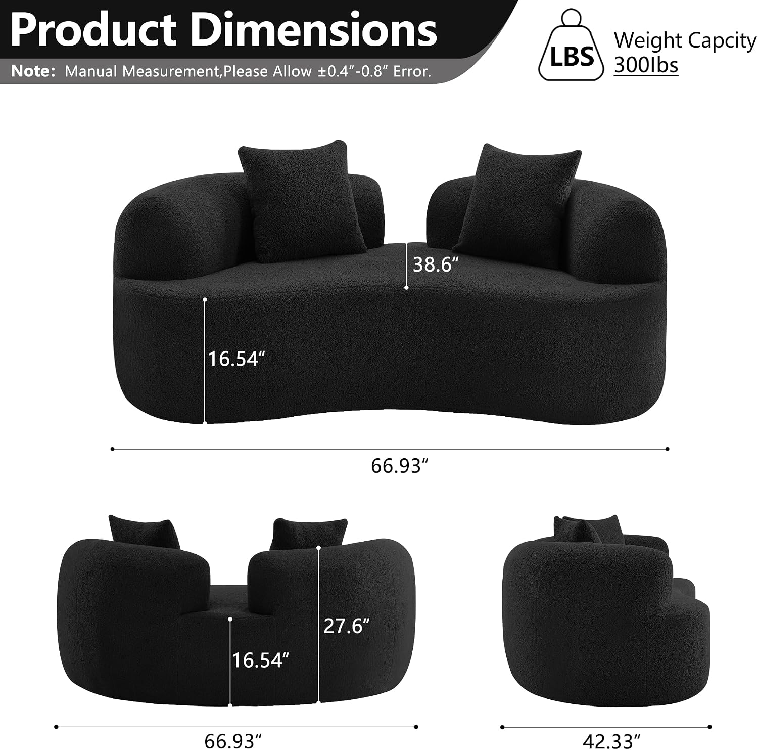 67'Curved Loveseat Sofa for Living Room, Deep Seat Love Seat Couch with 2 Throw Pillows, Modern Loveseat Adopt Teddy Fabric, Suitable Small Spaces The Cloud Loveseat, No Assembly Needed, Black