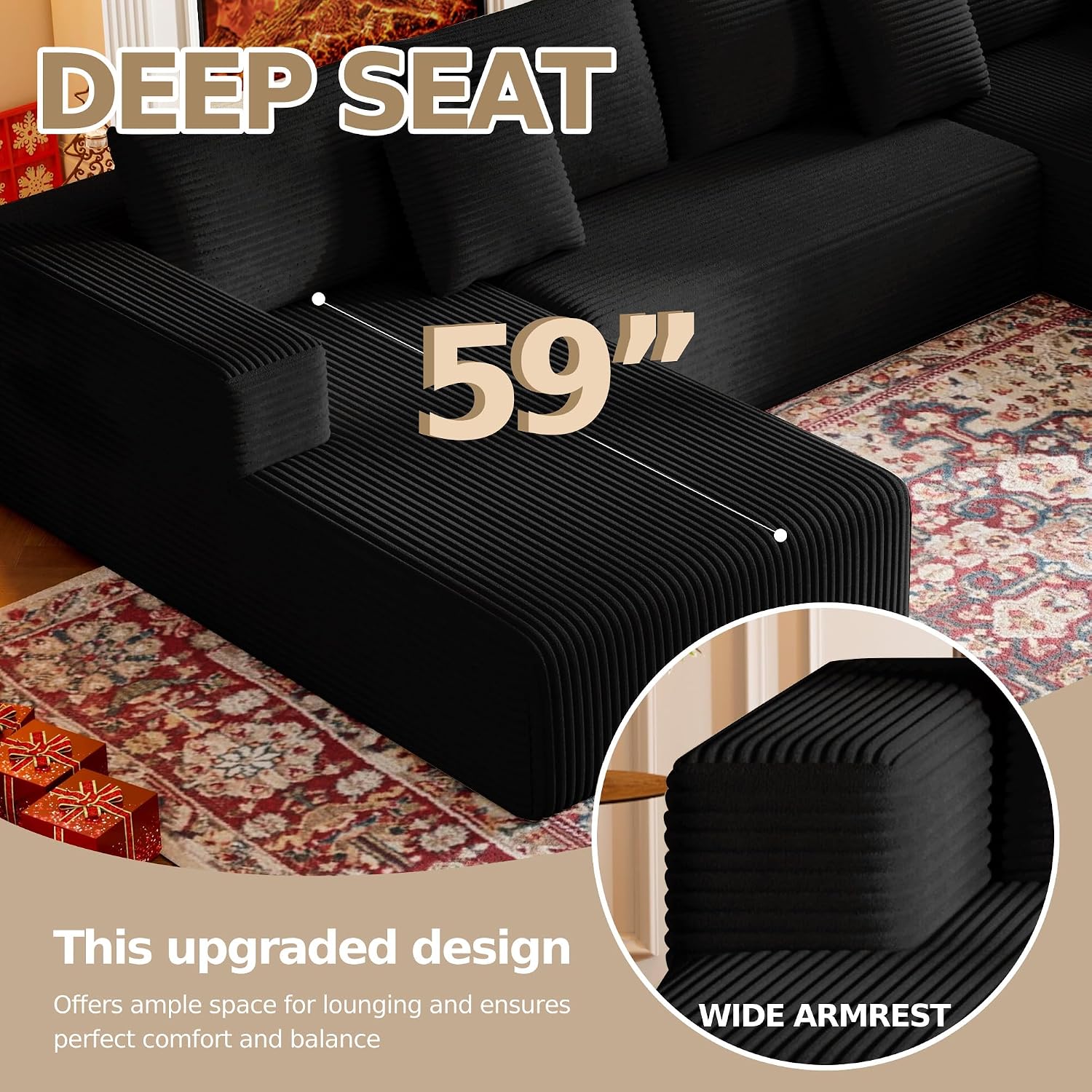 CHORRO134.6''Sectional Boneless Couch for Livingroom,Modular Corduroy Cloud Couch, U-Shaped Sofa with Chaise and Pillows,4-Deep Seat Sectional Sofa with 1 Ottoman,(Black,Left Chaise)