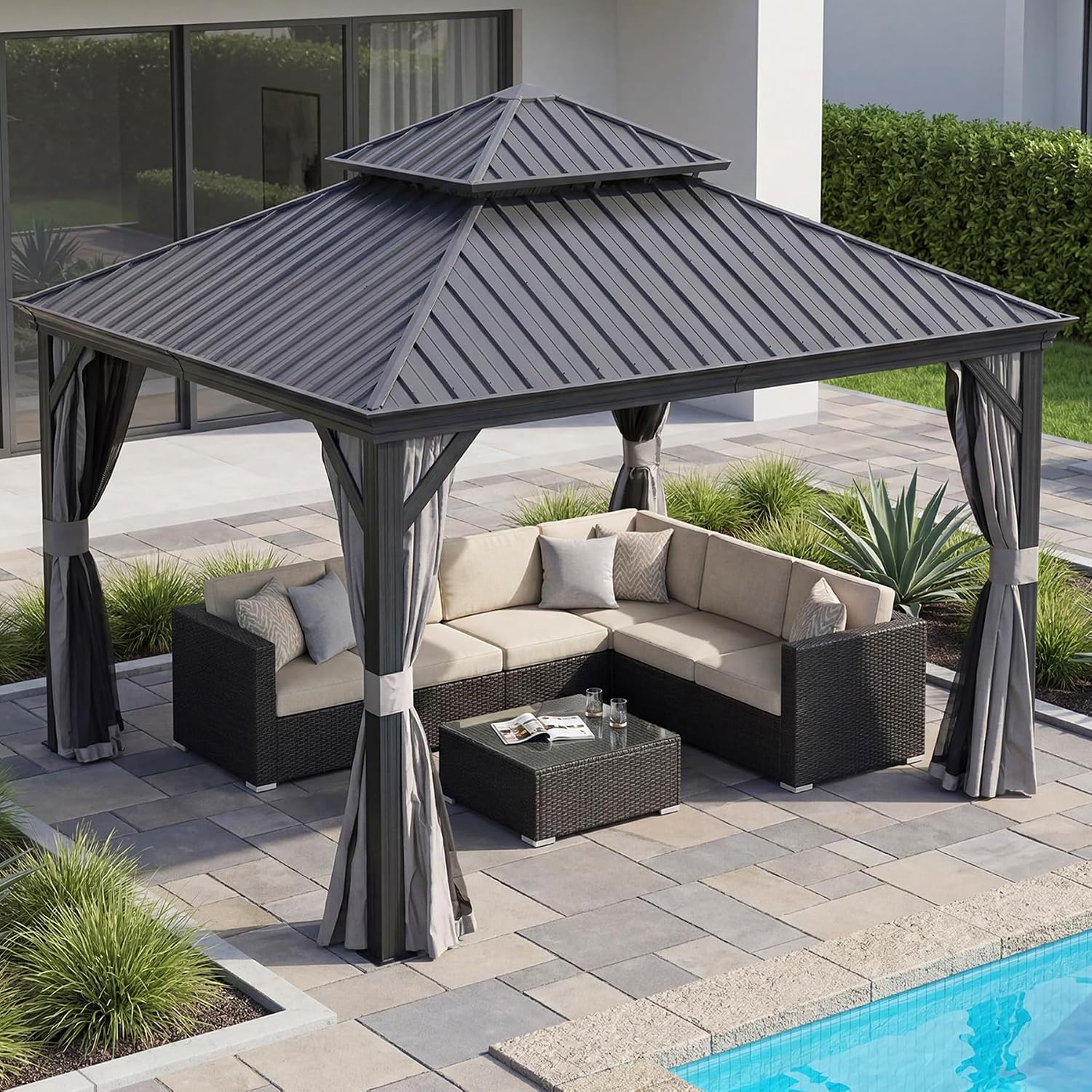 Domi 12x12 Outdoor Gazebo, Hardtop Gazebo with Aluminum Frame, Heavy Duty Pavilion Gazebo for Patio Deck Backyard, Curtain and Netting Included, Grey