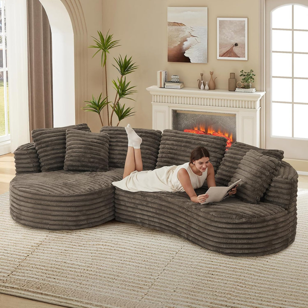 120'W Oversized Modern Curved Cloud Couch,Corduroy Modular Sectional Sofa with Chaise, L Shaped Boneless Couch, Compression Foam Sofa for Living Room Bedroom, No Assembly Required(Left Facing, Brown)