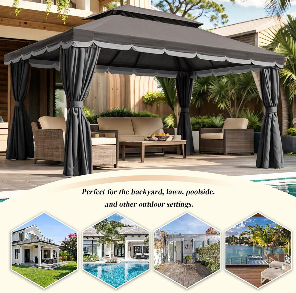 10x13 Gazebo for Patio, Outdoor Gazebo with Mosquito Netting & Curtains, Double Tier Roof Round Leg Marquee Canopy Shelter for Garden, Deck, Backyard, Lawn (D/Gry)
