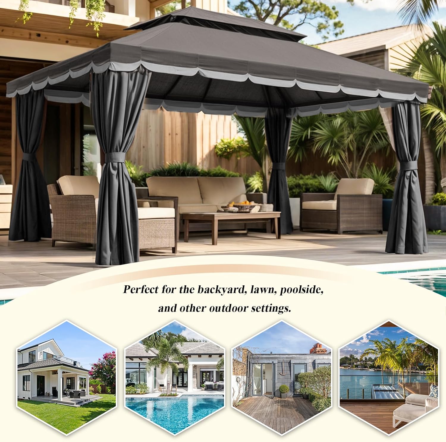10x13 Gazebo for Patio, Outdoor Gazebo with Mosquito Netting & Curtains, Double Tier Roof Round Leg Marquee Canopy Shelter for Garden, Deck, Backyard, Lawn (D/Gry)