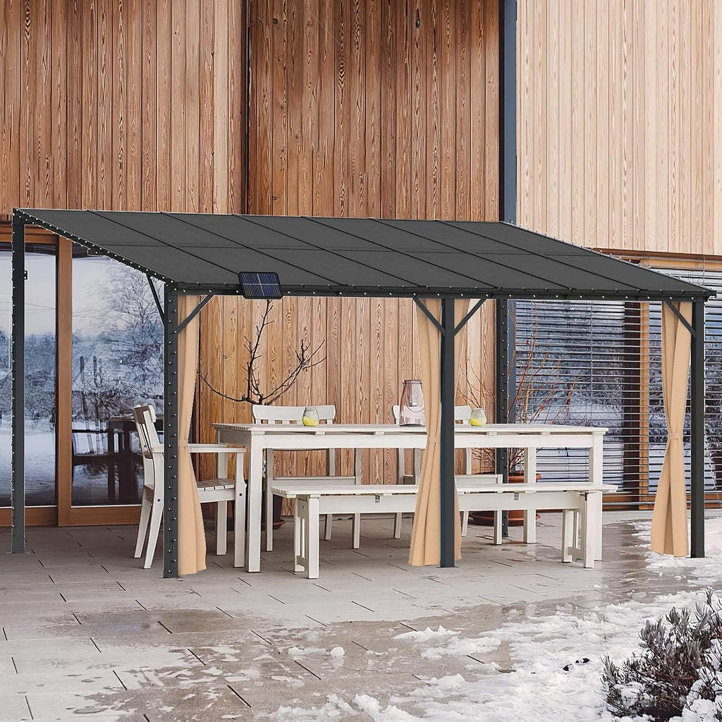 10x14 Outdoor Lean to Gazebo, Large Wall-Mounted Pergola Gazebo, Hardtop Heavy Duty Pavilion with Metal Frame, Awnings for Patios, and Permanent Gazebos for Decks and Backyards