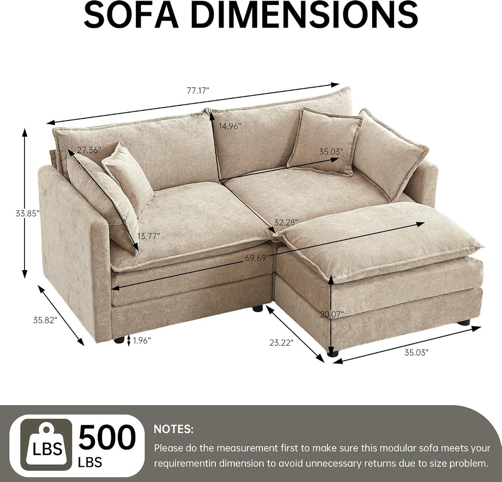 Modular Sectional Sofa, 77 Inch L Shaped Couch Set with Armrests, 2-Seater Comfy Cloud Couches for Living Room Apartment, Coffee