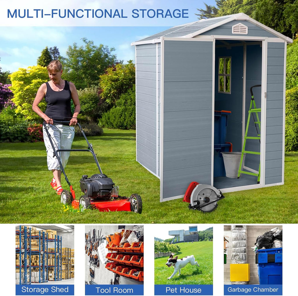 4x6 ft Outdoor Resin Storage Shed with Floor, Waterproof Plastic Garden Shed with Lockable Door and Windows, All-Weather Tool Sheds for Backyard, Patio, Lawn (Grey)