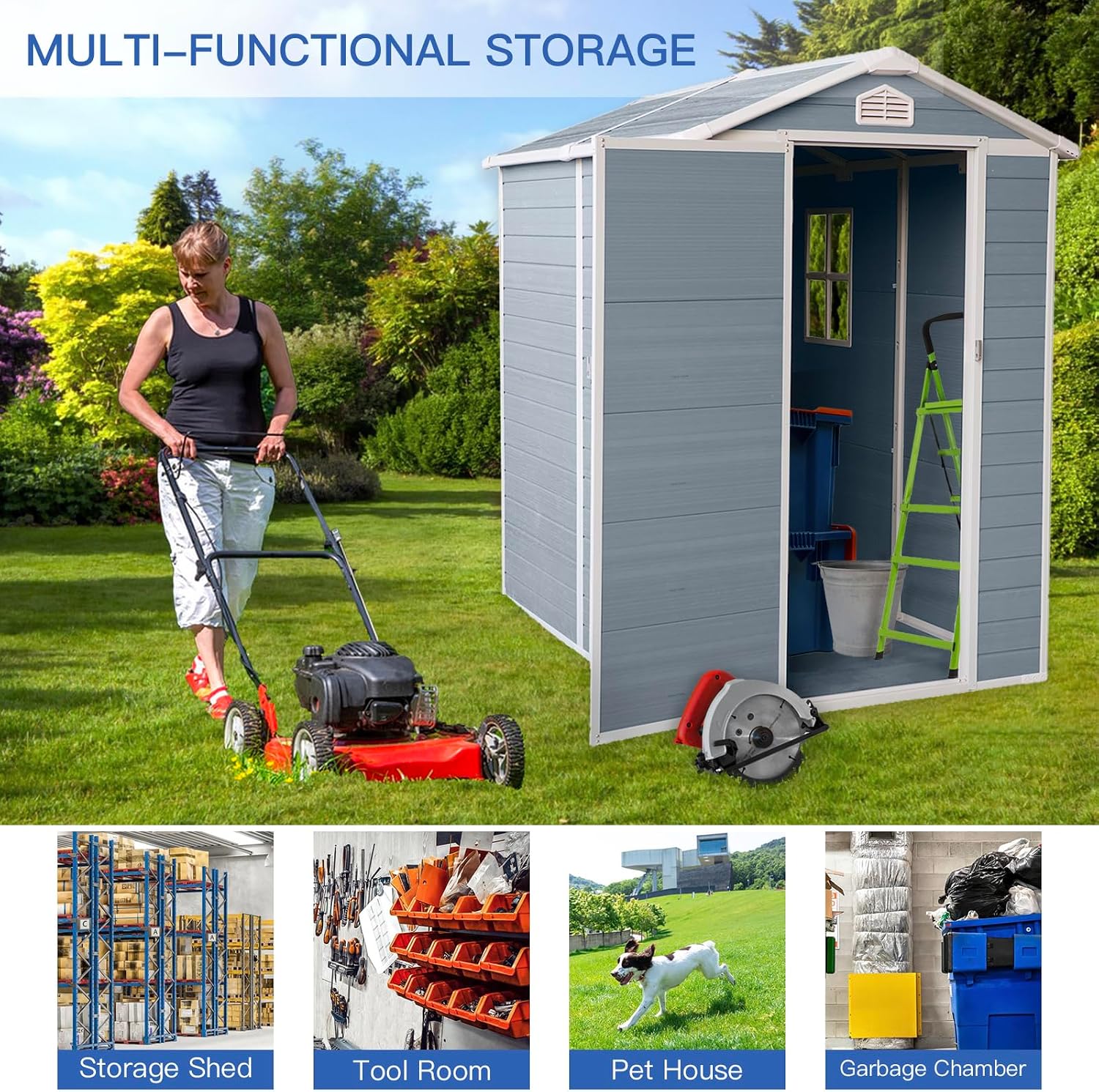 4x6 ft Outdoor Resin Storage Shed with Floor, Waterproof Plastic Garden Shed with Lockable Door and Windows, All-Weather Tool Sheds for Backyard, Patio, Lawn (Grey)