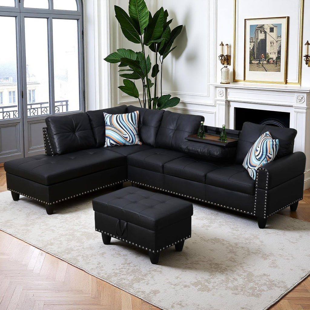 97.5' Leather L Shaped Couch Set Black, Modular Sectional Couches for Living Room with Storage Ottoman, 4 Seat Home Sofa Living Room Furniture Sets with Chaise for Apartment Office