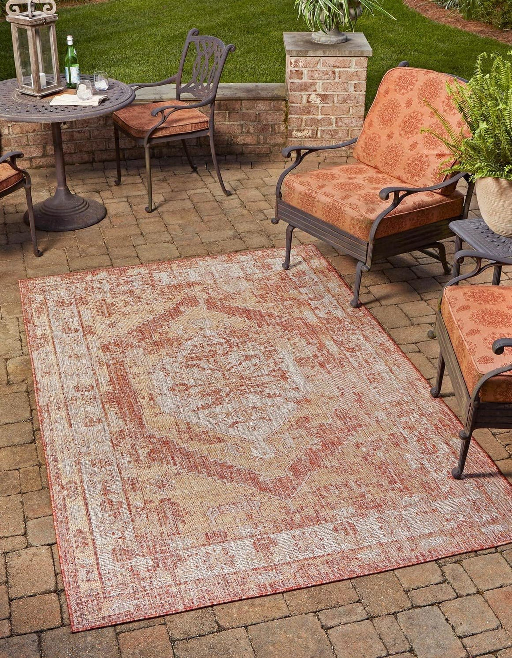 Unique Loom Outdoor Traditional Collection Area Rug - Valeria (2' x 3' 1' Rectangle, Rust Red/ Ivory)
